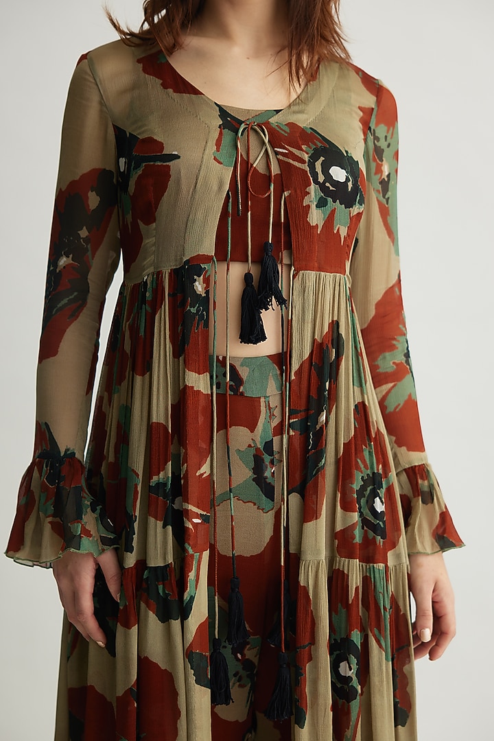 Beige & Brown Chiffon Layered Floral Cape by Koai at Pernia's Pop Up Shop