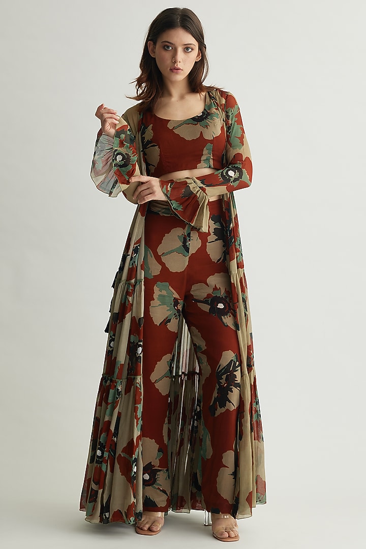 Beige & Brown Chiffon Layered Floral Cape by Koai at Pernia's Pop Up Shop