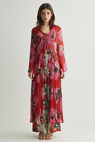 Orange & Pink Chiffon Floral Cape by Koai