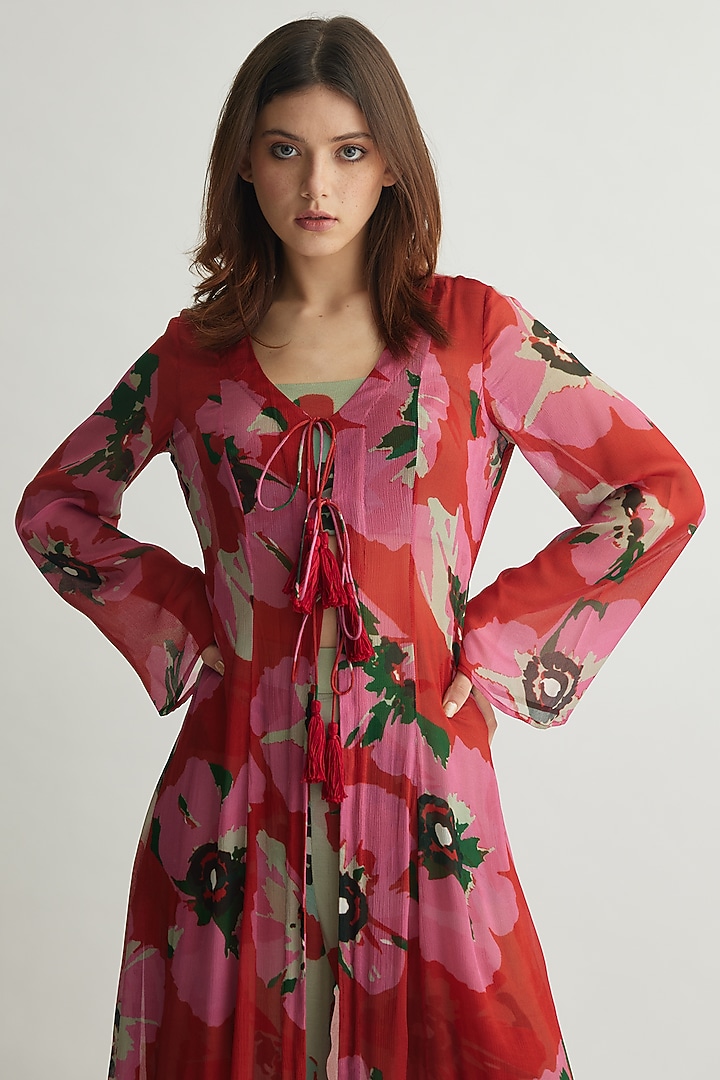 Orange & Pink Chiffon Floral Cape by Koai at Pernia's Pop Up Shop