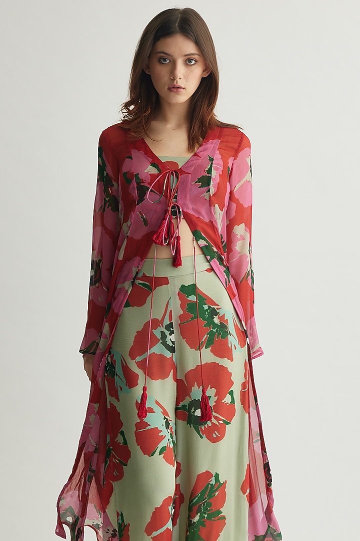 Orange & Pink Chiffon Floral Cape by Koai at Pernia's Pop Up Shop