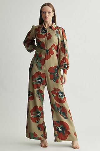 Multi-Colored Muslin Cotton Silk Floral Jumpsuit by Koai