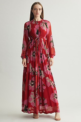 Red & Pink Chiffon Floral Kaftan Dress by Koai