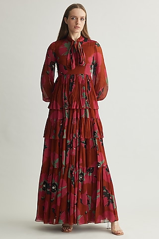 Red-Pink & Mint Chiffon Floral Maxi Dress by Koai