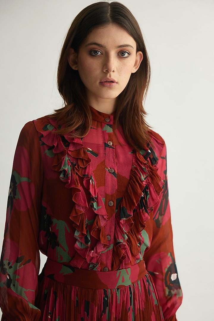 Red-Pink & Mint Chiffon Floral Top by Koai at Pernia's Pop Up Shop