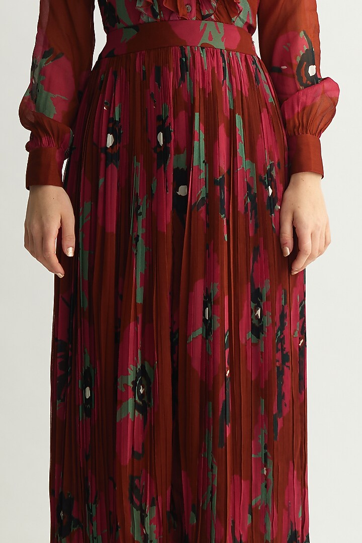 Red-Pink & Mint Georgette Floral Crinkled Skirt by Koai at Pernia's Pop Up Shop