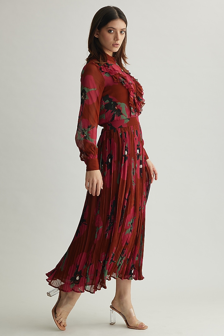 Red-Pink & Mint Georgette Floral Crinkled Skirt by Koai at Pernia's Pop Up Shop