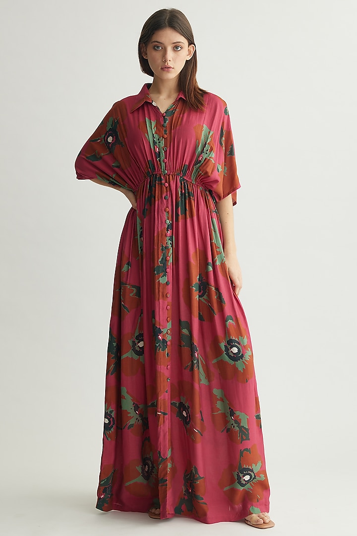 Red-Pink & Mint Muslin Cotton Silk Floral Maxi Shirt Dress by Koai at Pernia's Pop Up Shop