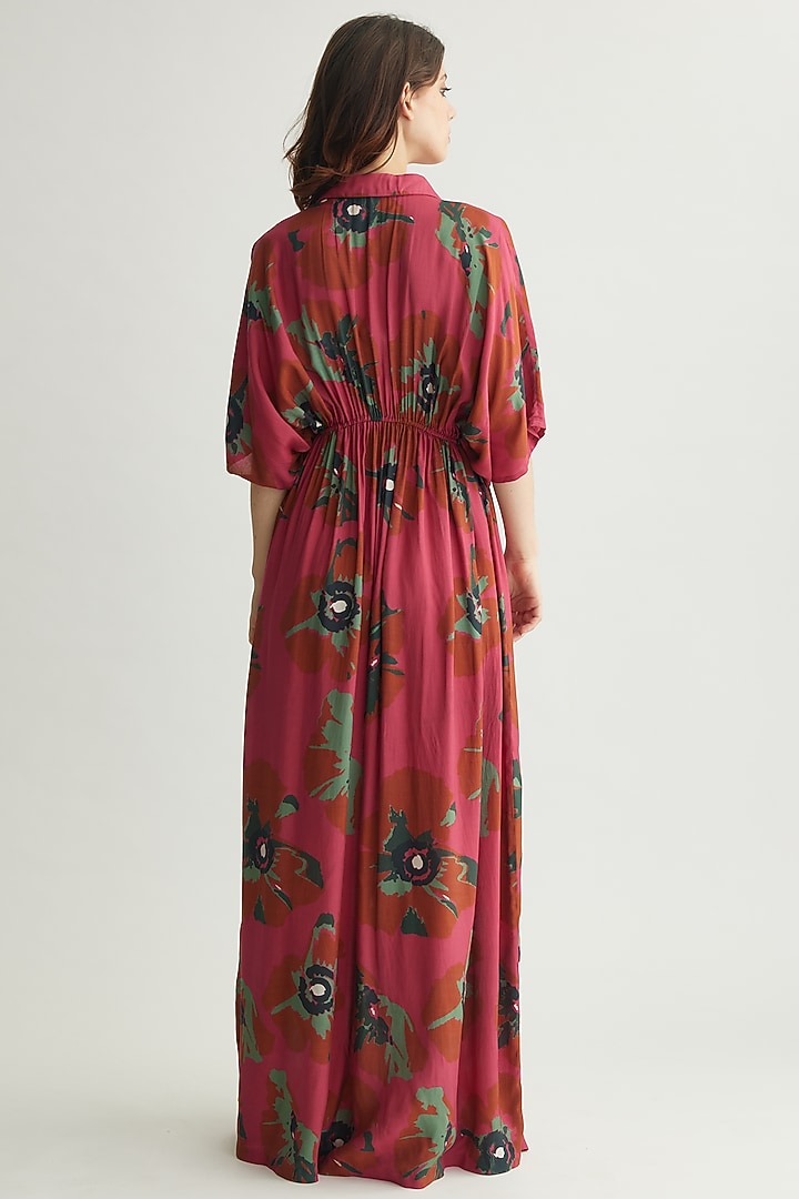 Red-Pink & Mint Muslin Cotton Silk Floral Maxi Summer Shirt Dress by Koai at Pernia's Pop Up Shop