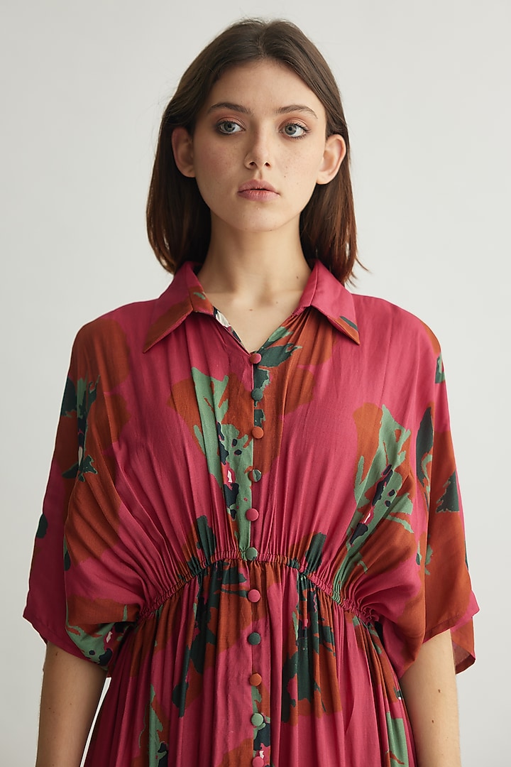 Red-Pink & Mint Muslin Cotton Silk Floral Maxi Summer Shirt Dress by Koai at Pernia's Pop Up Shop