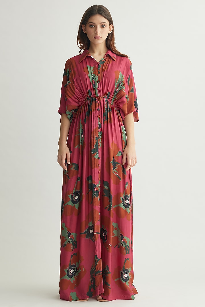 Red-Pink & Mint Muslin Cotton Silk Floral Maxi Summer Shirt Dress by Koai at Pernia's Pop Up Shop