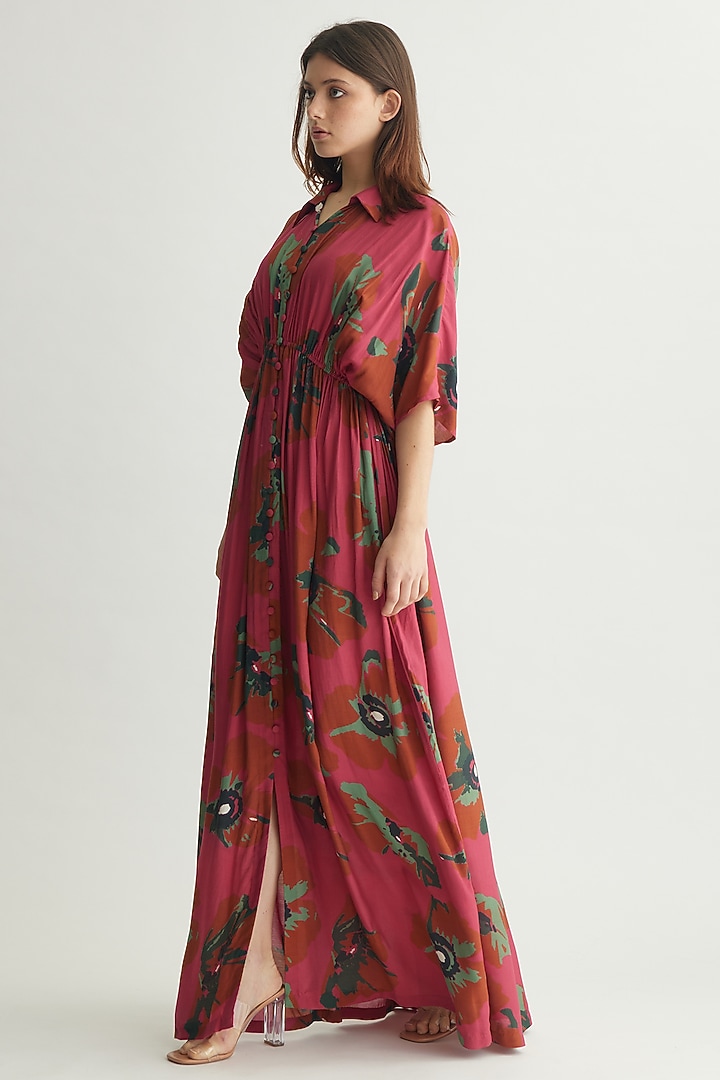 Red-Pink & Mint Muslin Cotton Silk Floral Maxi Summer Shirt Dress by Koai at Pernia's Pop Up Shop