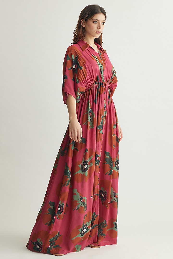 Red-Pink & Mint Muslin Cotton Silk Floral Maxi Summer Shirt Dress by Koai at Pernia's Pop Up Shop