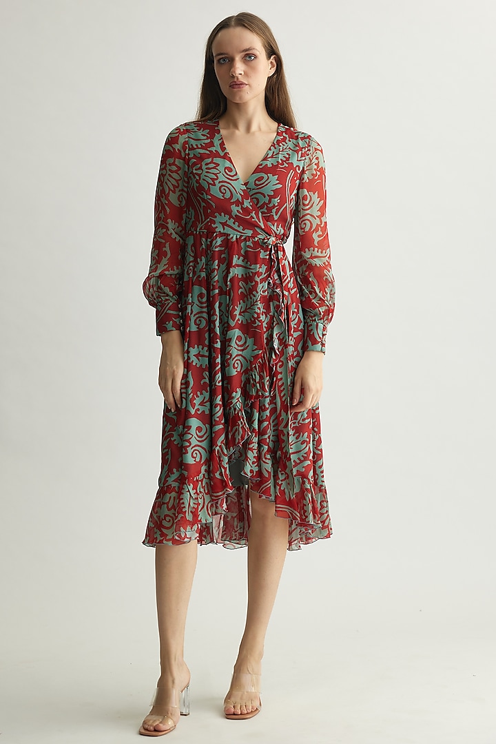 Mint & Red Chiffon Floral Wrap Dress by Koai at Pernia's Pop Up Shop