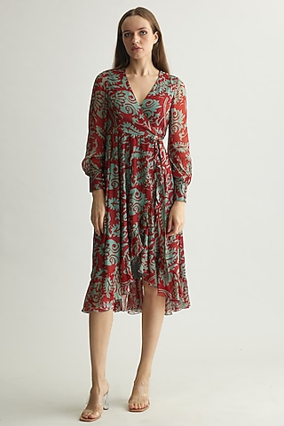 Mint & Red Chiffon Floral Wrap Dress by Koai