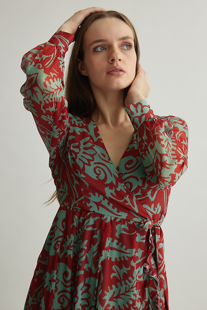 Mint & Red Chiffon Floral Wrap Vacation Dress by Koai at Pernia's Pop Up Shop