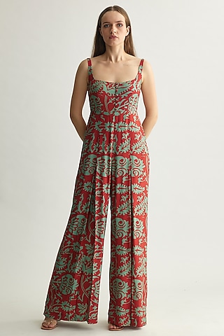 Mint & Red Muslin Cotton Silk Floral Jumpsuit by Koai