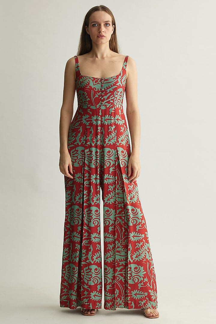 Mint & Red Muslin Cotton Silk Floral Jumpsuit by Koai at Pernia's Pop Up Shop