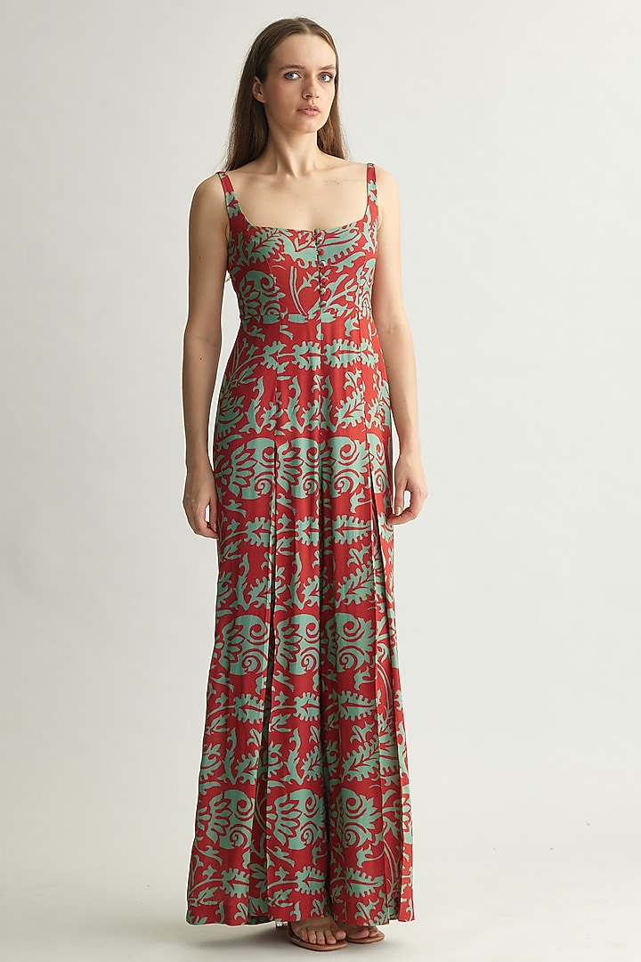 Mint & Red Muslin Cotton Silk Floral Jumpsuit by Koai at Pernia's Pop Up Shop
