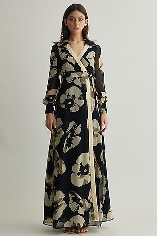 Black & White Georgette Floral Wrap Dress by Koai