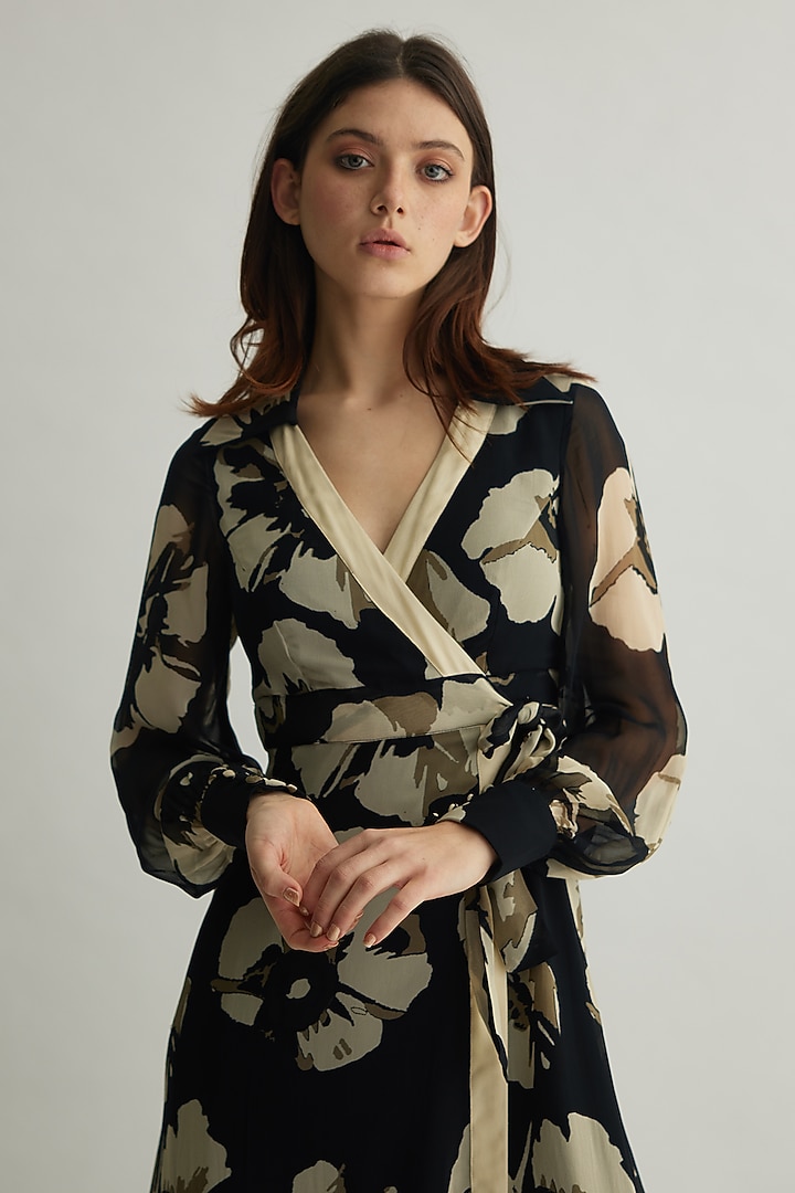 Black & White Georgette Floral Wrap Vacation Dress by Koai at Pernia's Pop Up Shop