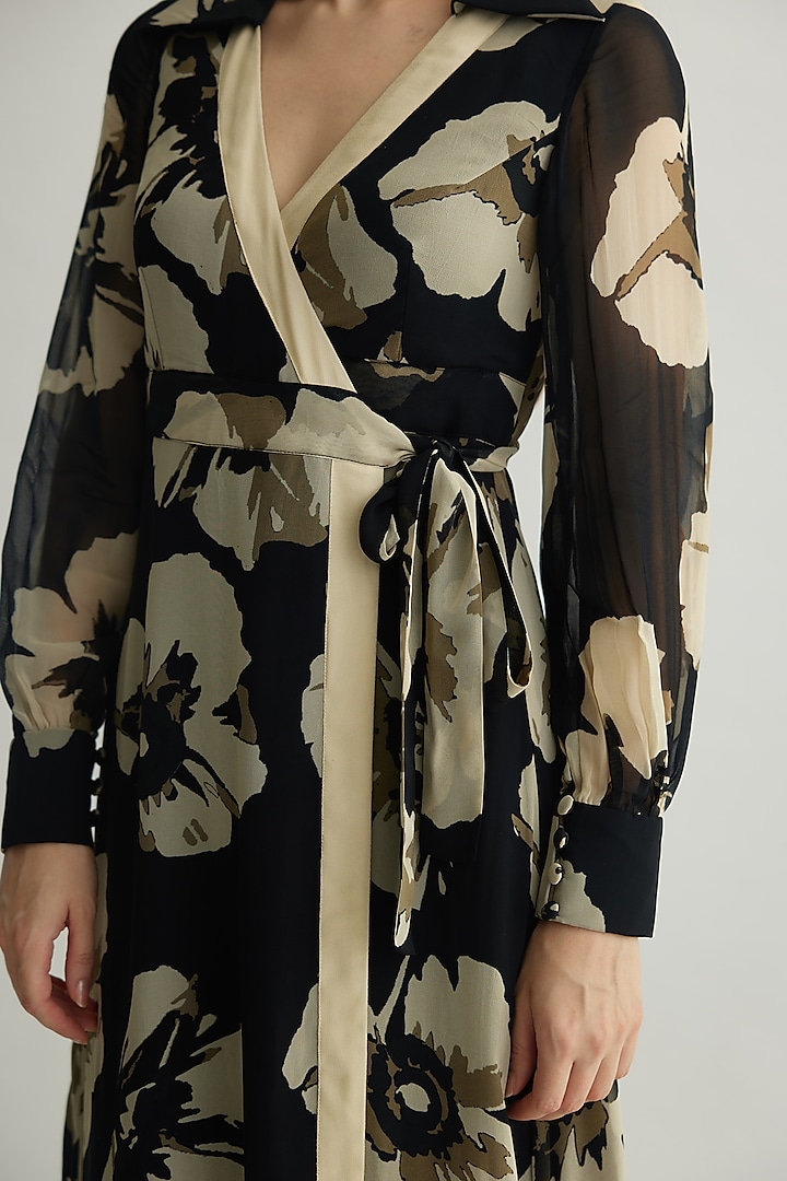 Black & White Georgette Floral Wrap Vacation Dress by Koai at Pernia's Pop Up Shop