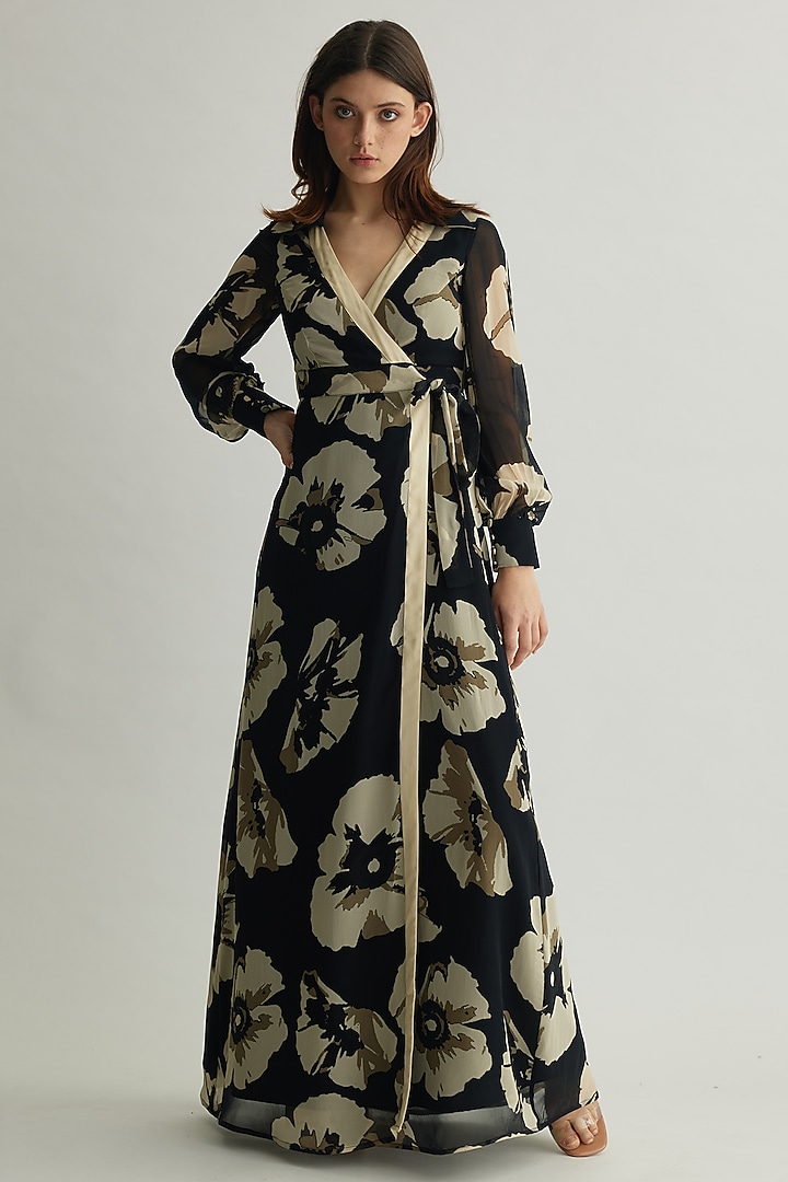 Black & White Georgette Floral Wrap Vacation Dress by Koai at Pernia's Pop Up Shop