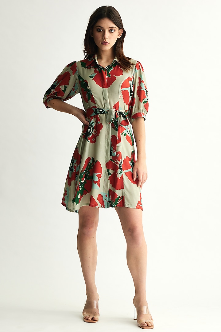 Mint & Red Muslin Cotton Silk Floral Shirt Dress by Koai at Pernia's Pop Up Shop