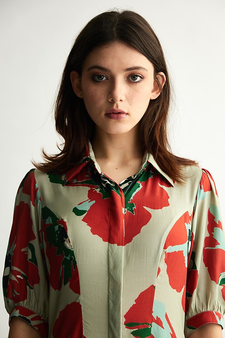 Mint & Red Muslin Cotton Silk Floral Summer Shirt Dress by Koai at Pernia's Pop Up Shop