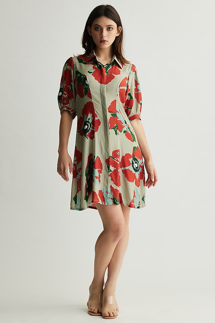 Mint & Red Muslin Cotton Silk Floral Summer Shirt Dress by Koai at Pernia's Pop Up Shop