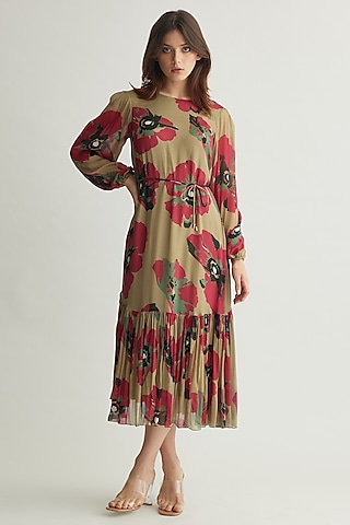 Multi-Colored Chiffon Floral Midi Dress by Koai