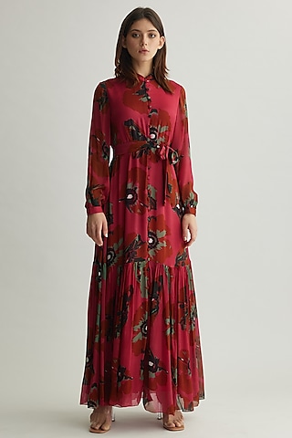 Red-Pink & Mint Chiffon Floral Maxi Dress by Koai