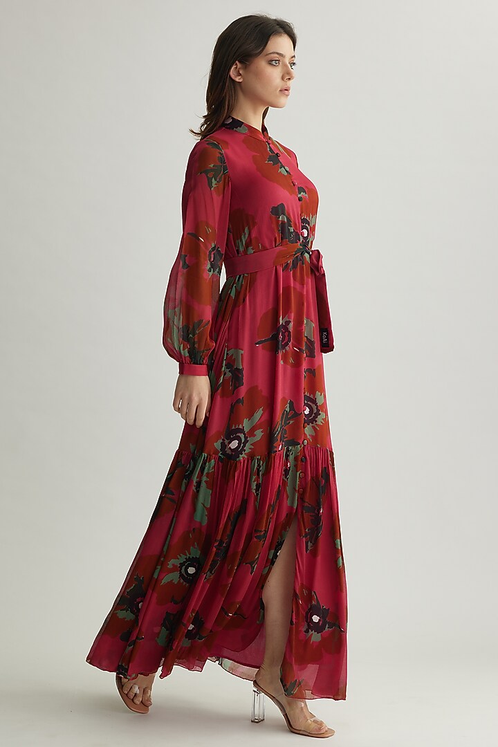 Red-Pink & Mint Chiffon Floral Maxi Vacation Dress by Koai at Pernia's Pop Up Shop
