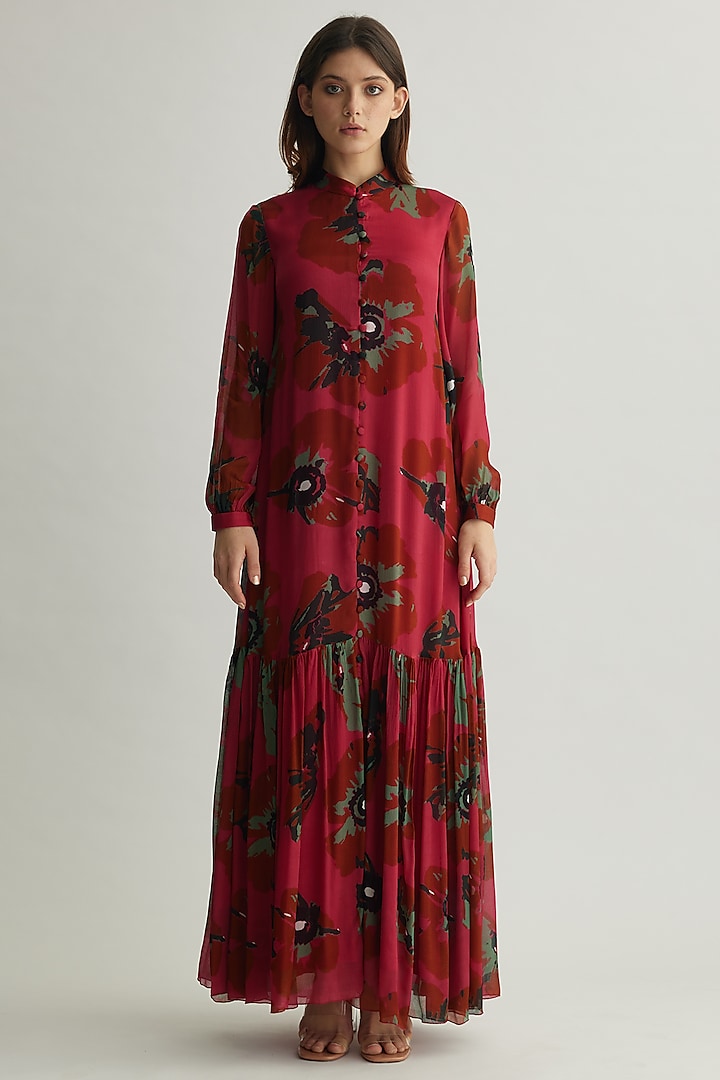 Red-Pink & Mint Chiffon Floral Maxi Vacation Dress by Koai at Pernia's Pop Up Shop