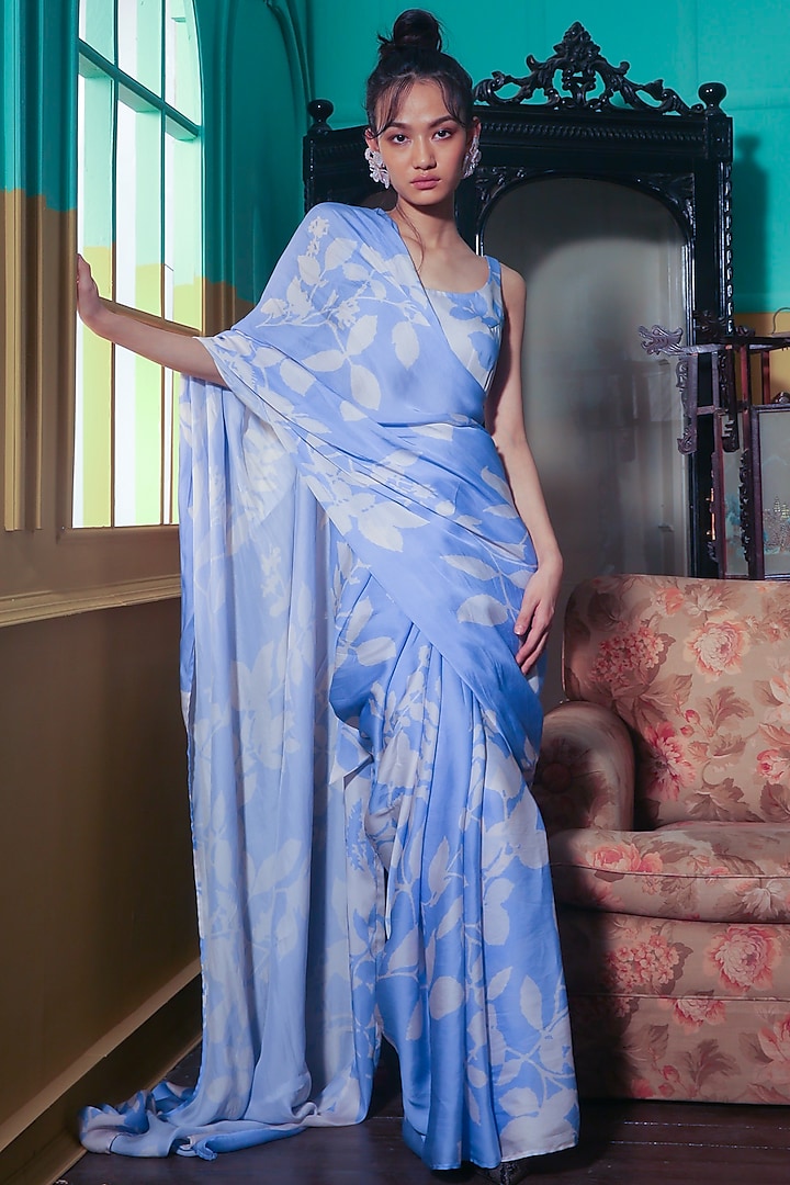 Powder Blue & White Printed Saree Set by Koai