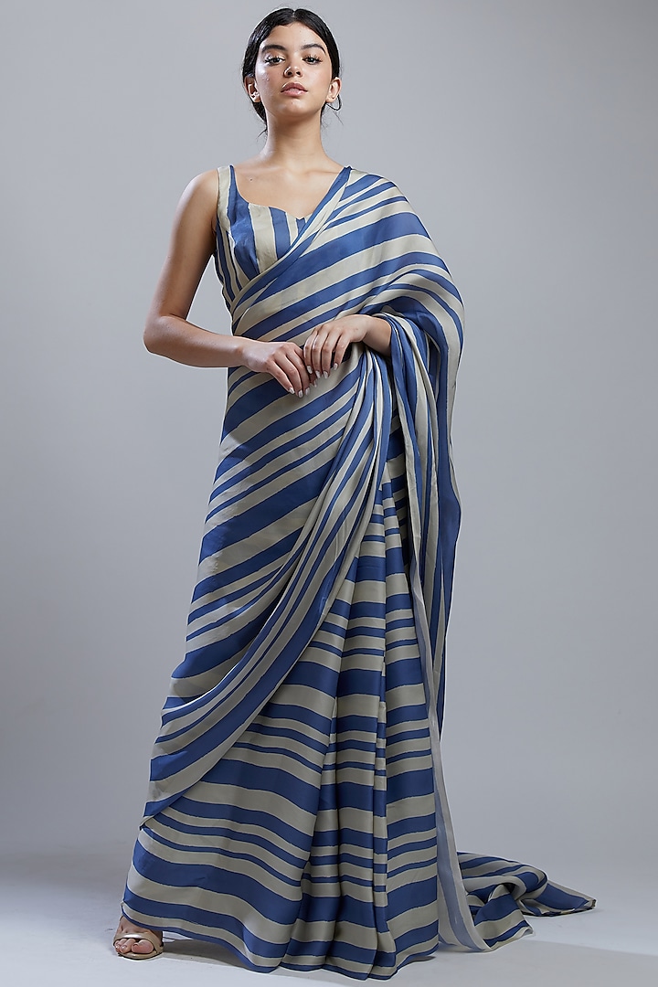 Cobalt Blue & White Printed Saree Set by Koai