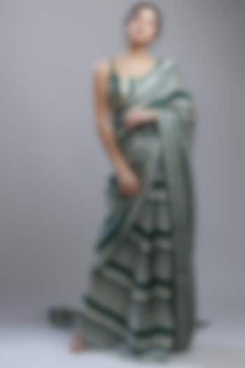 Green & Beige Printed Saree Set by Koai