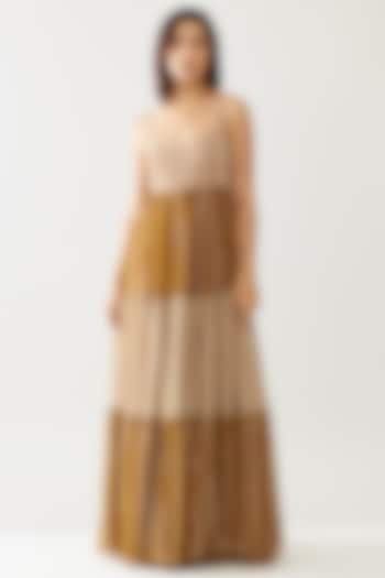 Mustard & Pink Chiffon Striped Maxi Dress With Belt by Koai at Pernia's Pop Up Shop