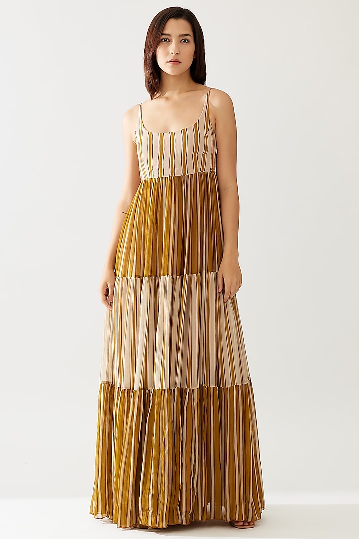 Mustard & Pink Chiffon Striped Maxi Dress With Belt by Koai at Pernia's Pop Up Shop