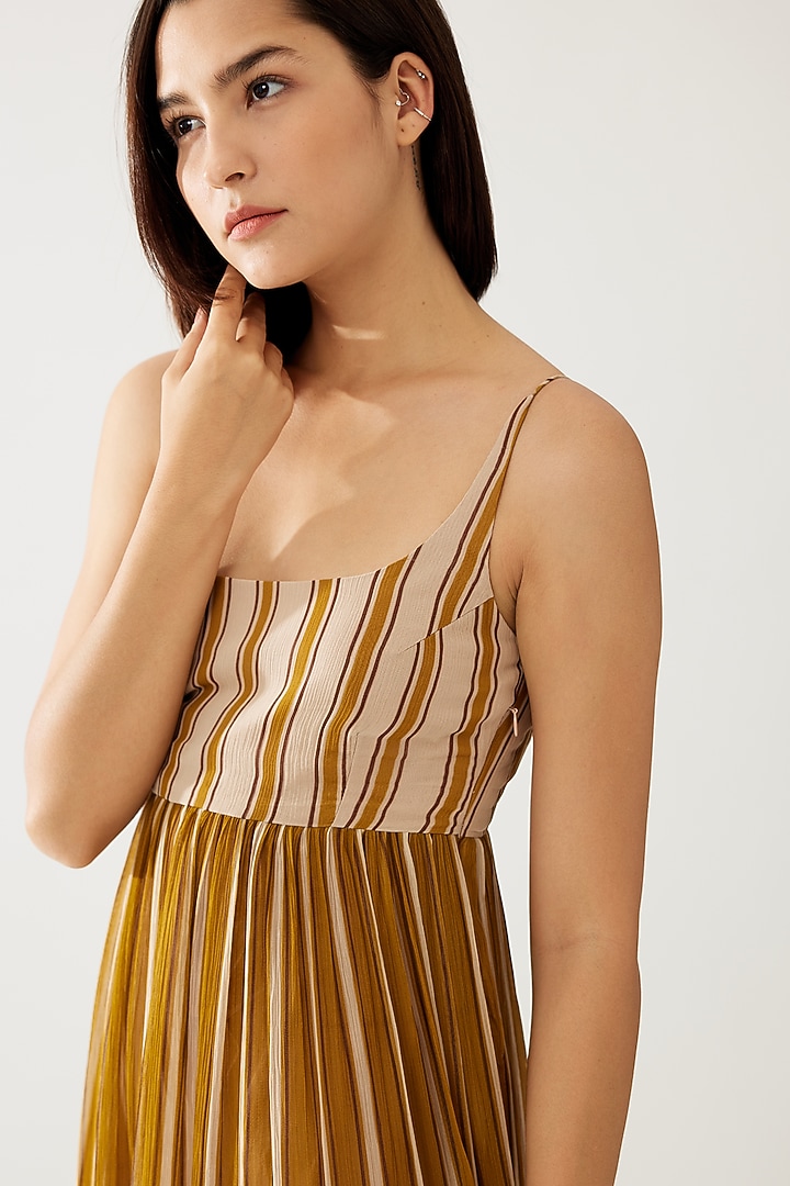 Mustard & Pink Chiffon Striped Maxi Vacation Dress With Belt by Koai at Pernia's Pop Up Shop