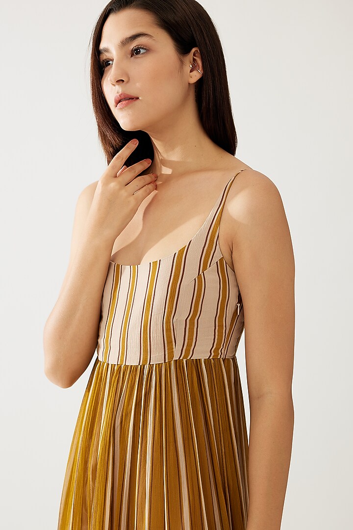 Mustard & Pink Chiffon Striped Maxi Vacation Dress With Belt by Koai at Pernia's Pop Up Shop