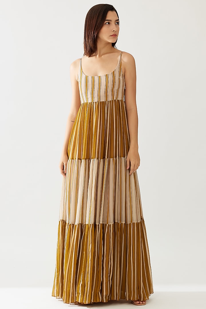 Mustard & Pink Chiffon Striped Maxi Vacation Dress With Belt by Koai at Pernia's Pop Up Shop
