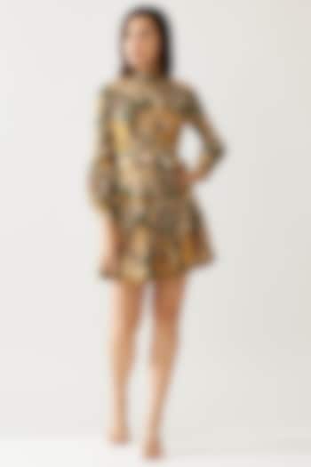 Olive Green & Mustard Cupro Chiffon Floral Mini Summer Dress by Koai at Pernia's Pop Up Shop