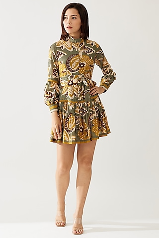 Olive Green & Mustard Cupro Chiffon Floral Mini Dress by Koai