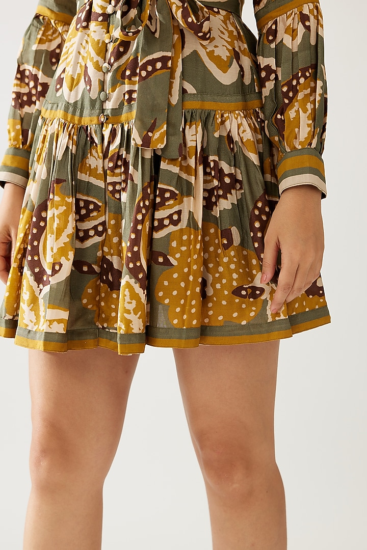 Olive Green & Mustard Cupro Chiffon Floral Mini Summer Dress by Koai at Pernia's Pop Up Shop