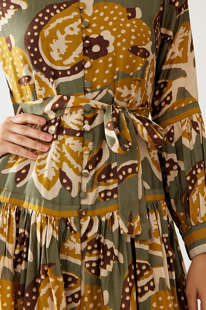 Olive Green & Mustard Cupro Chiffon Floral Mini Summer Dress by Koai at Pernia's Pop Up Shop