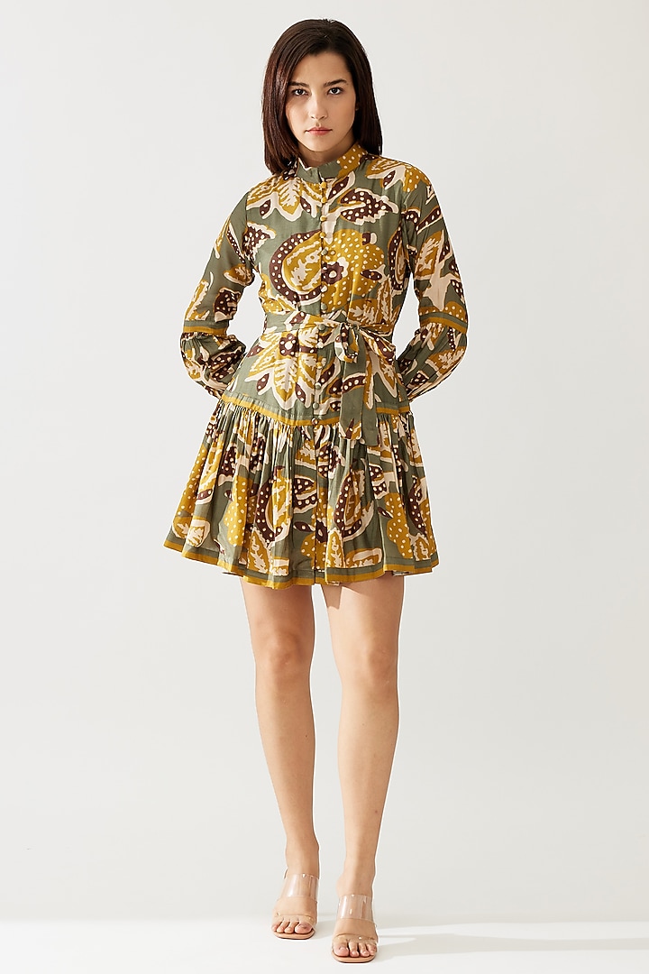 Olive Green & Mustard Cupro Chiffon Floral Mini Summer Dress by Koai at Pernia's Pop Up Shop