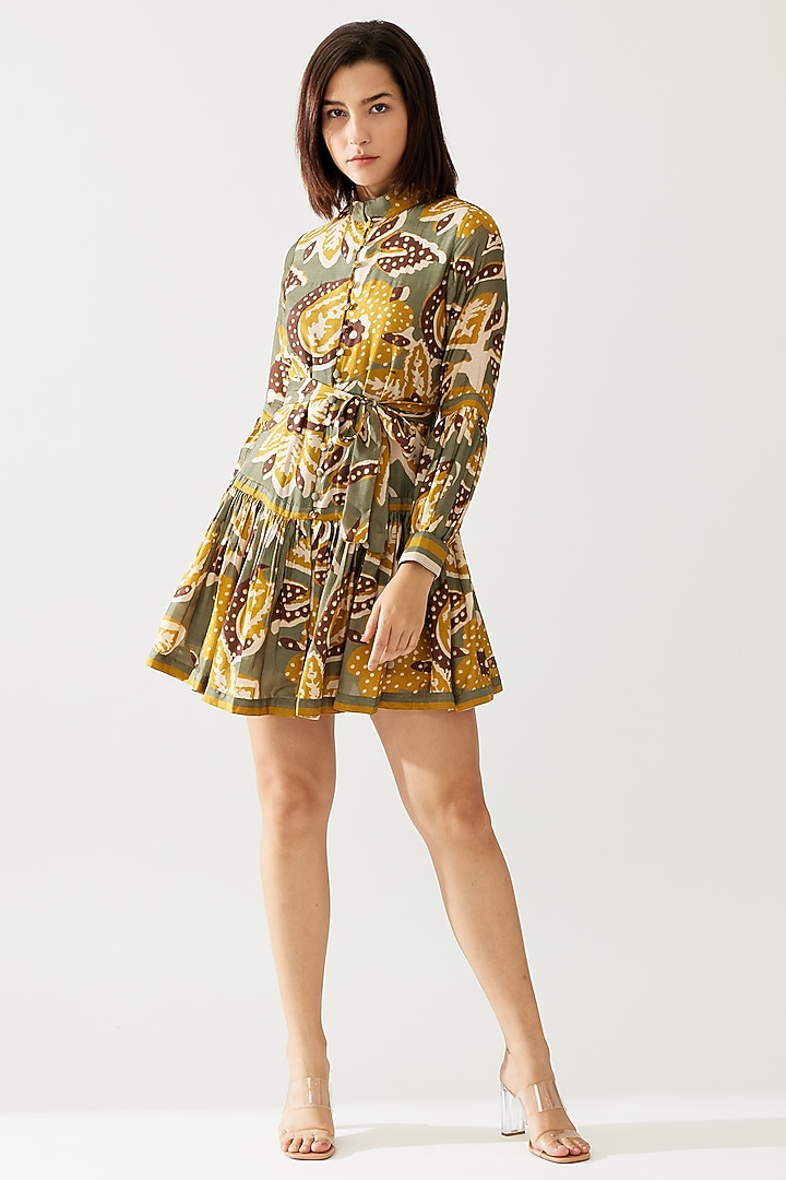 Olive Green & Mustard Cupro Chiffon Floral Mini Summer Dress by Koai at Pernia's Pop Up Shop