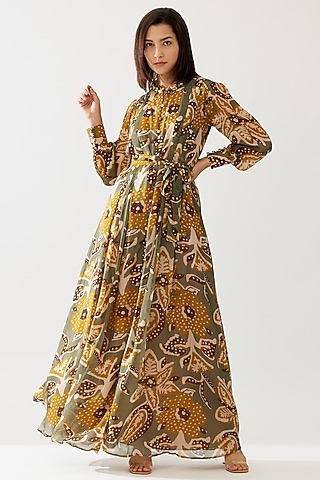 Olive Green & Mustard Cupro Chiffon Floral Maxi Dress by Koai