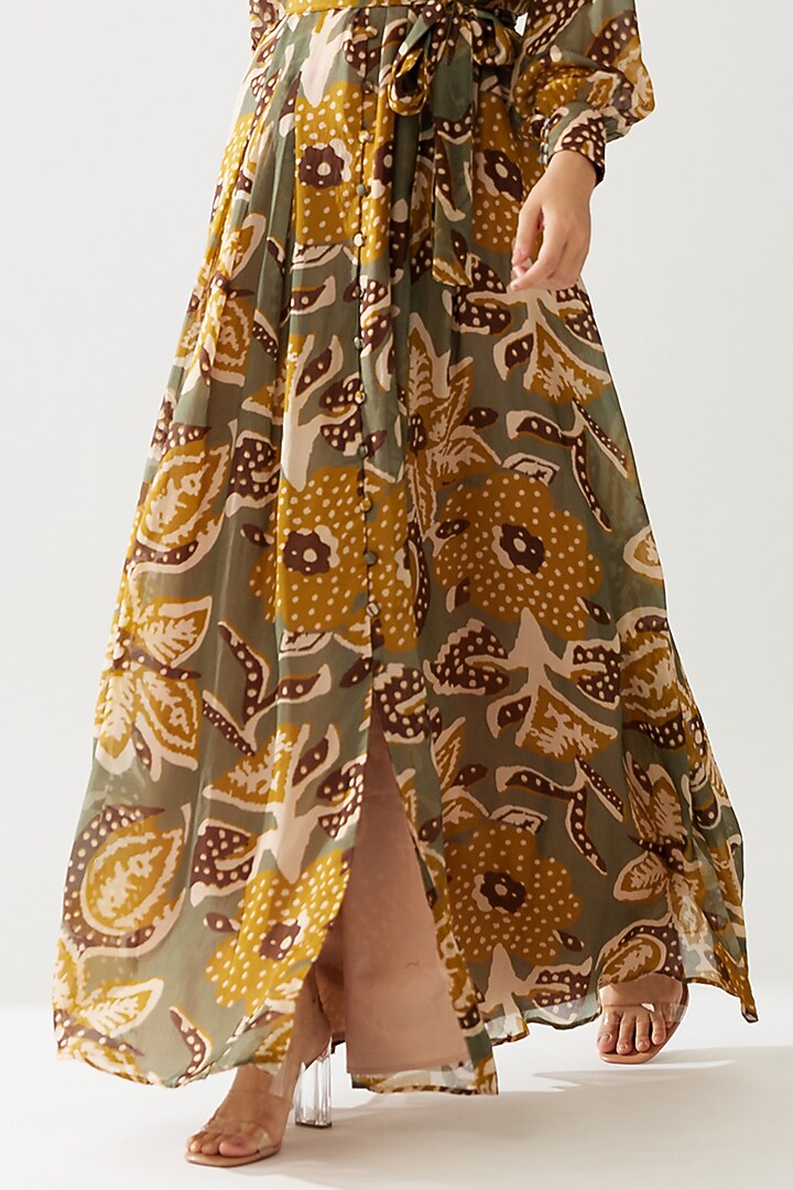 Olive Green & Mustard Cupro Chiffon Floral Maxi Vacation Dress by Koai at Pernia's Pop Up Shop